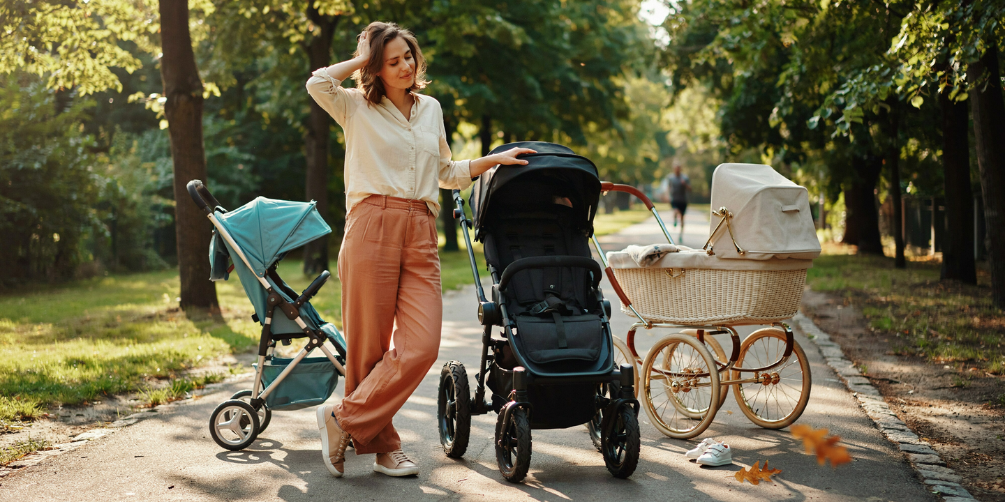 Illustration of a parent choosing between different types of baby strollers